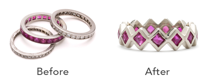 A ring repurposing project before and after, featuring a truly distinct design!